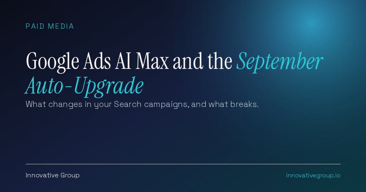 Google Ads AI Max settings for Search campaigns, showing search term matching, text customization, and final URL expansion